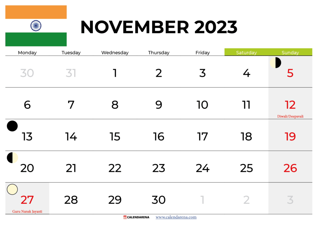 Free November 2023 Calendar India With Holidays