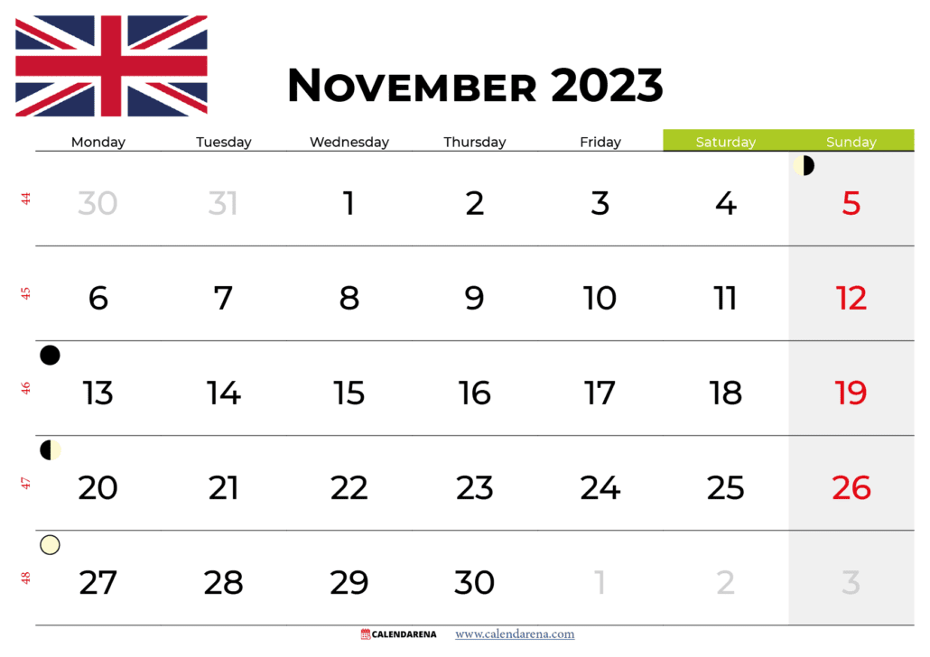 Free November 2023 Calendar UK With Holidays