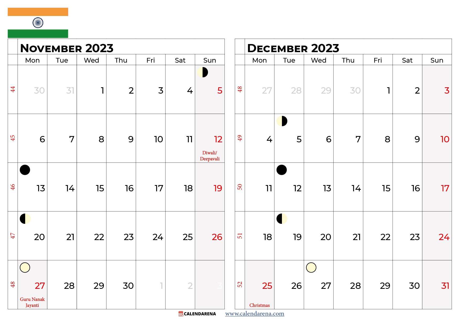 november and december 2023 calendar INDIA