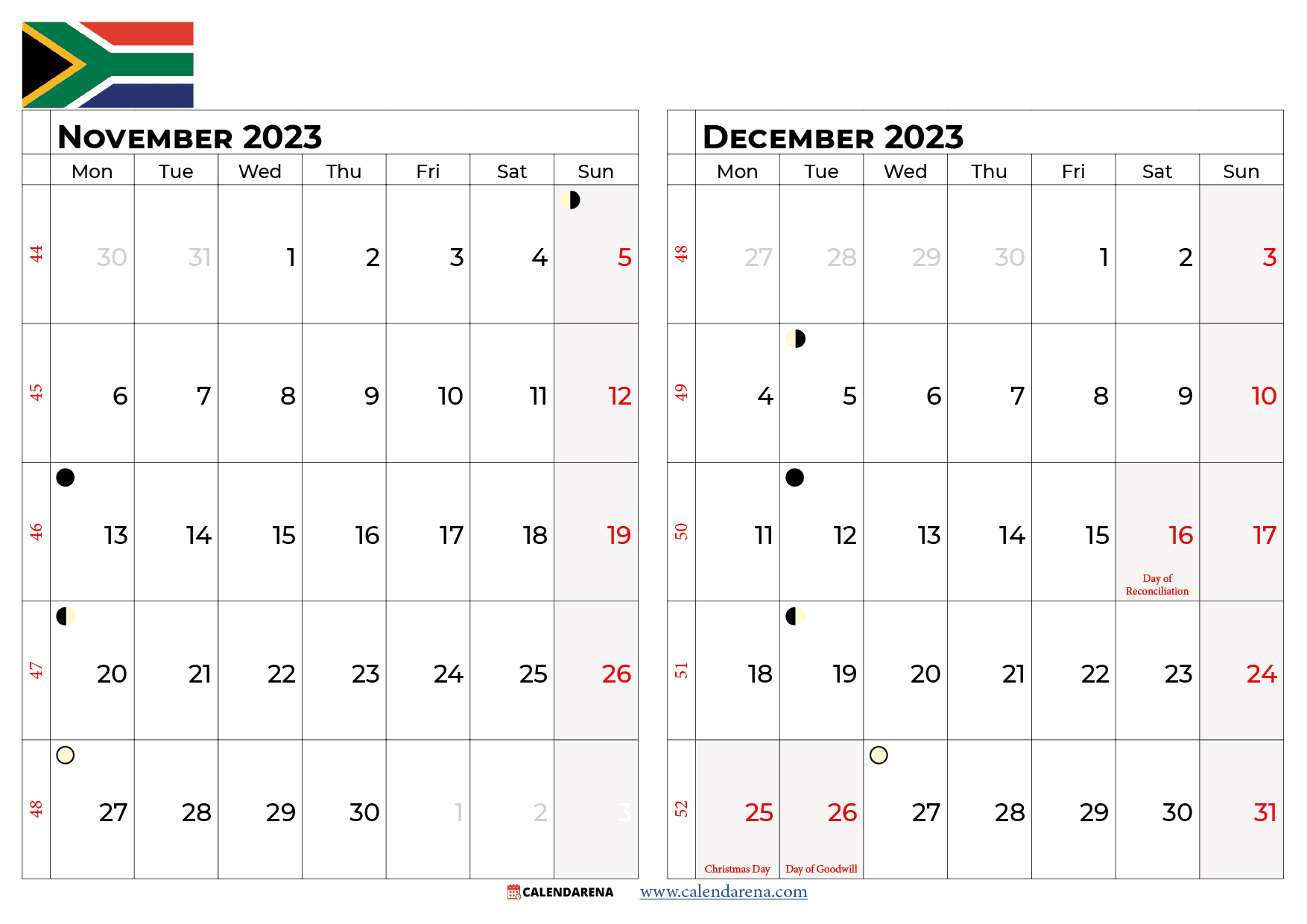 november and december 2023 calendar South Africa