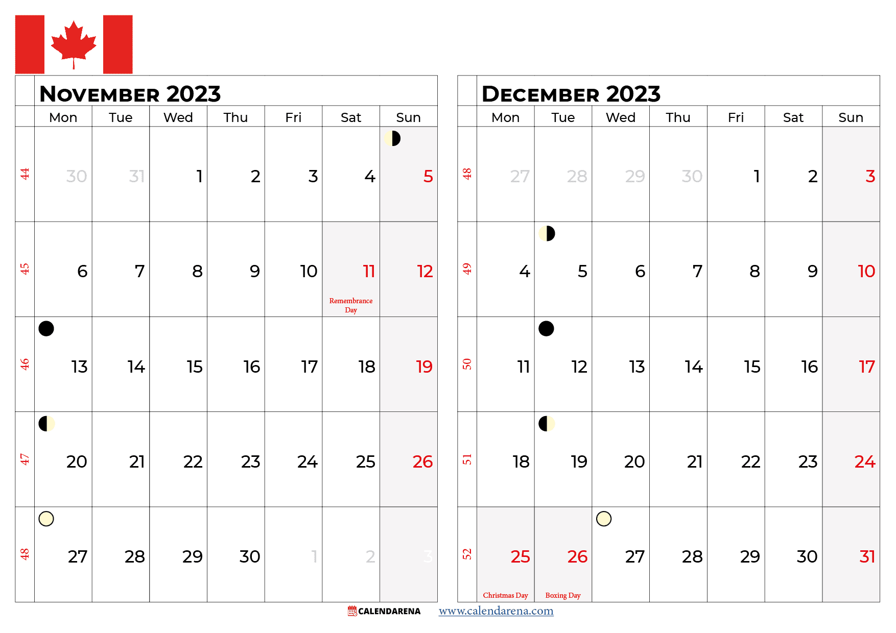 november and december 2023 calendar canada