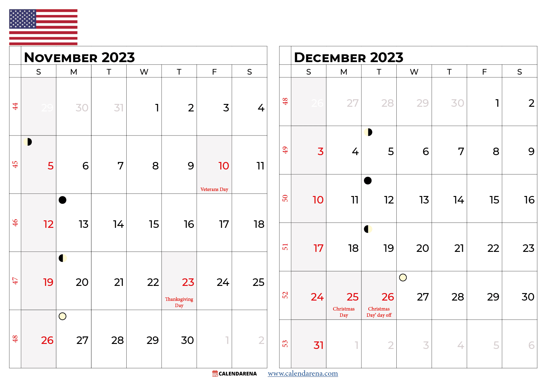 november and december 2023 calendar usa