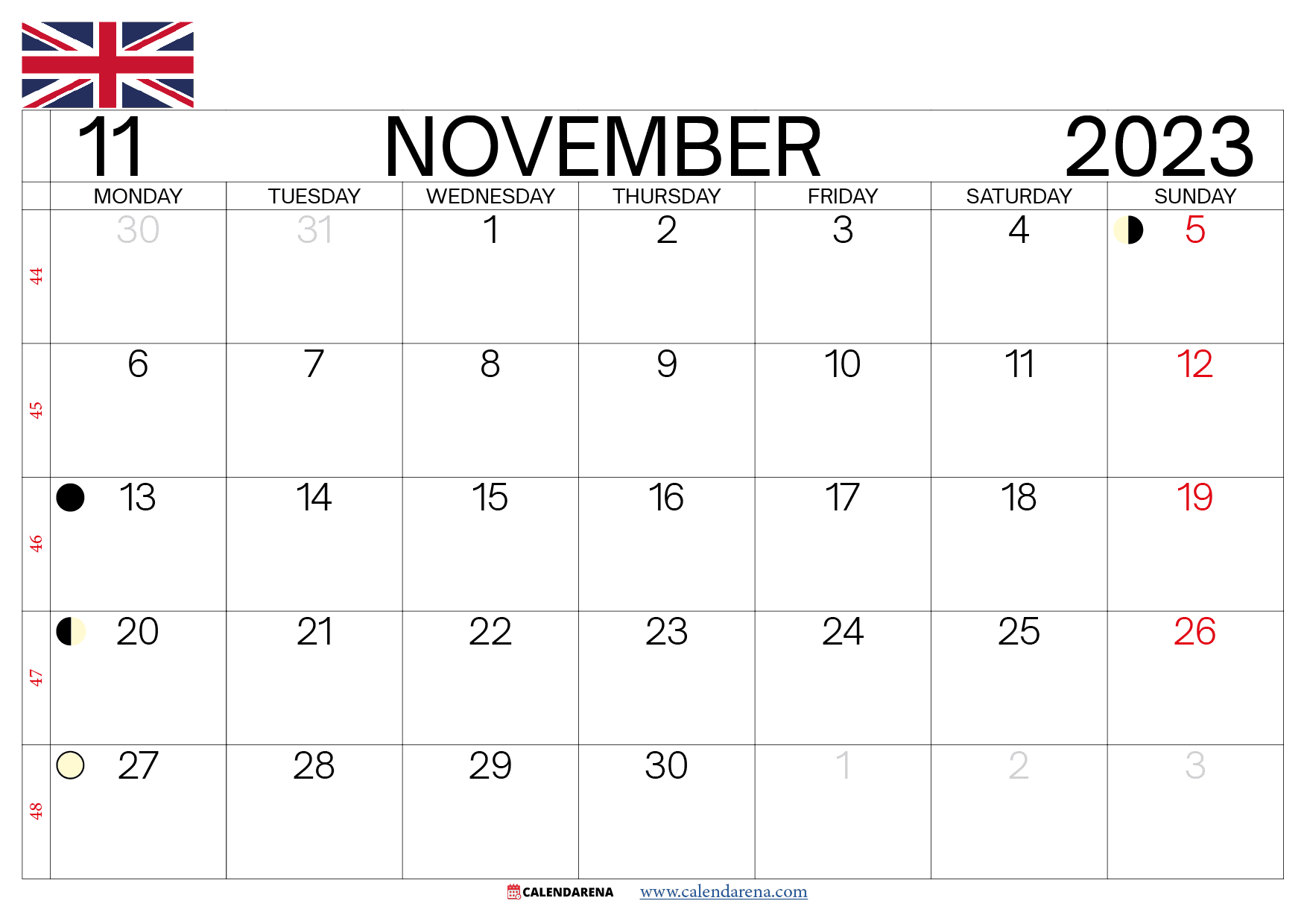 november calendar 2023 UK