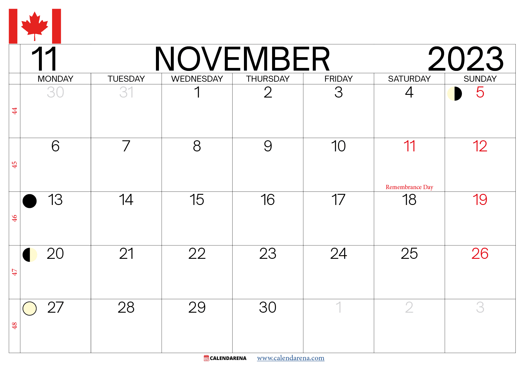 november calendar 2023 canada