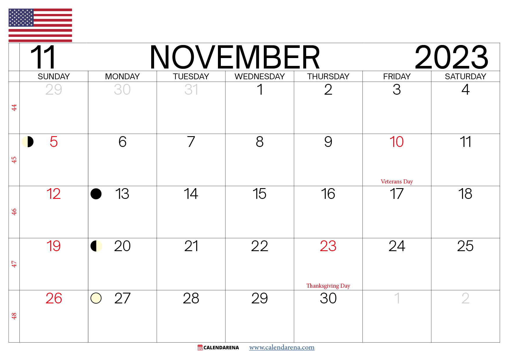 november calendar 2023 usa