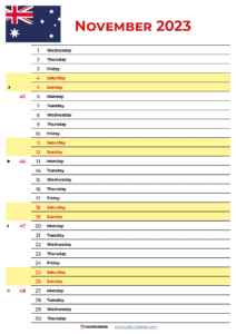 Free November 2023 Calendar Australia With Holidays