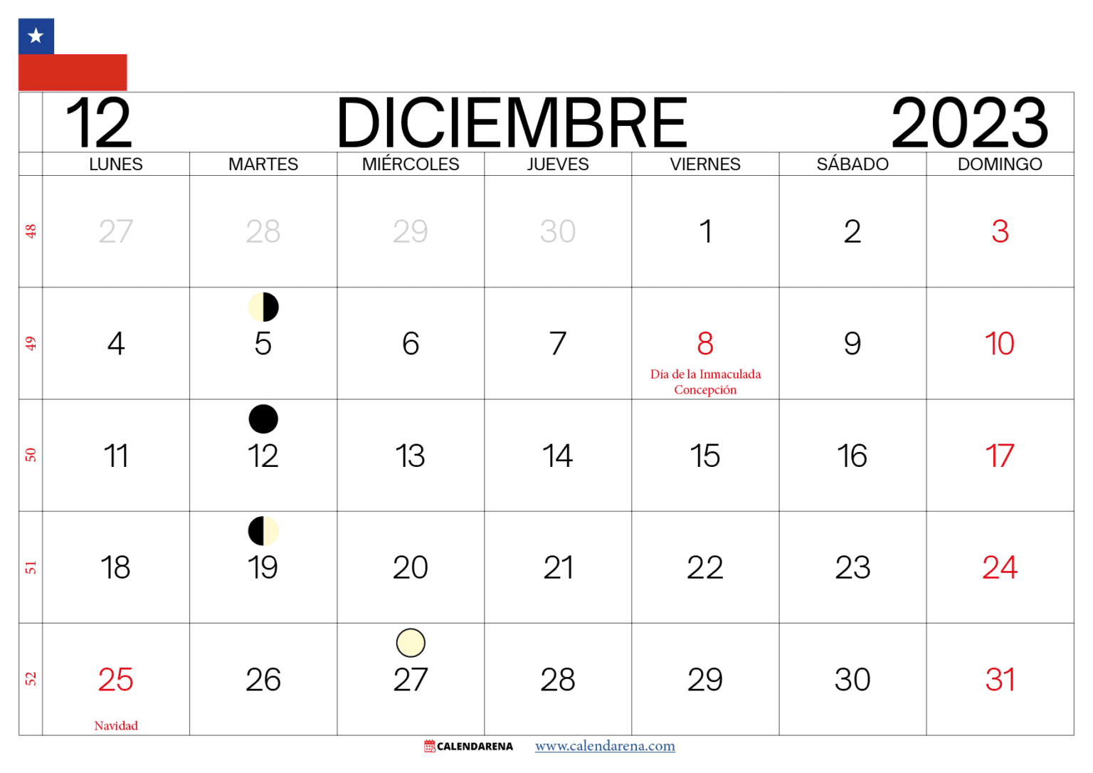 Calendario Diciembre 2023 Chile