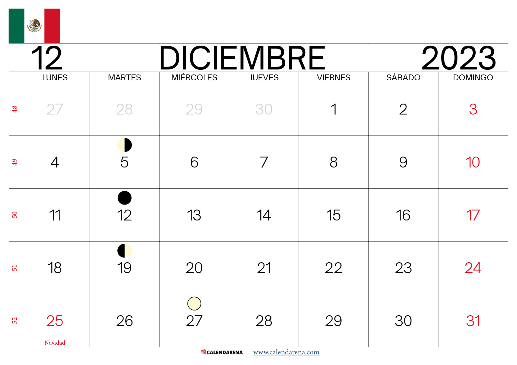 almanaque Diciembre 2023 mexico