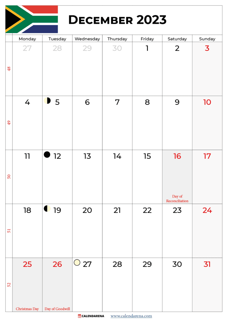 Free December 2023 Calendar South Africa With Holidays