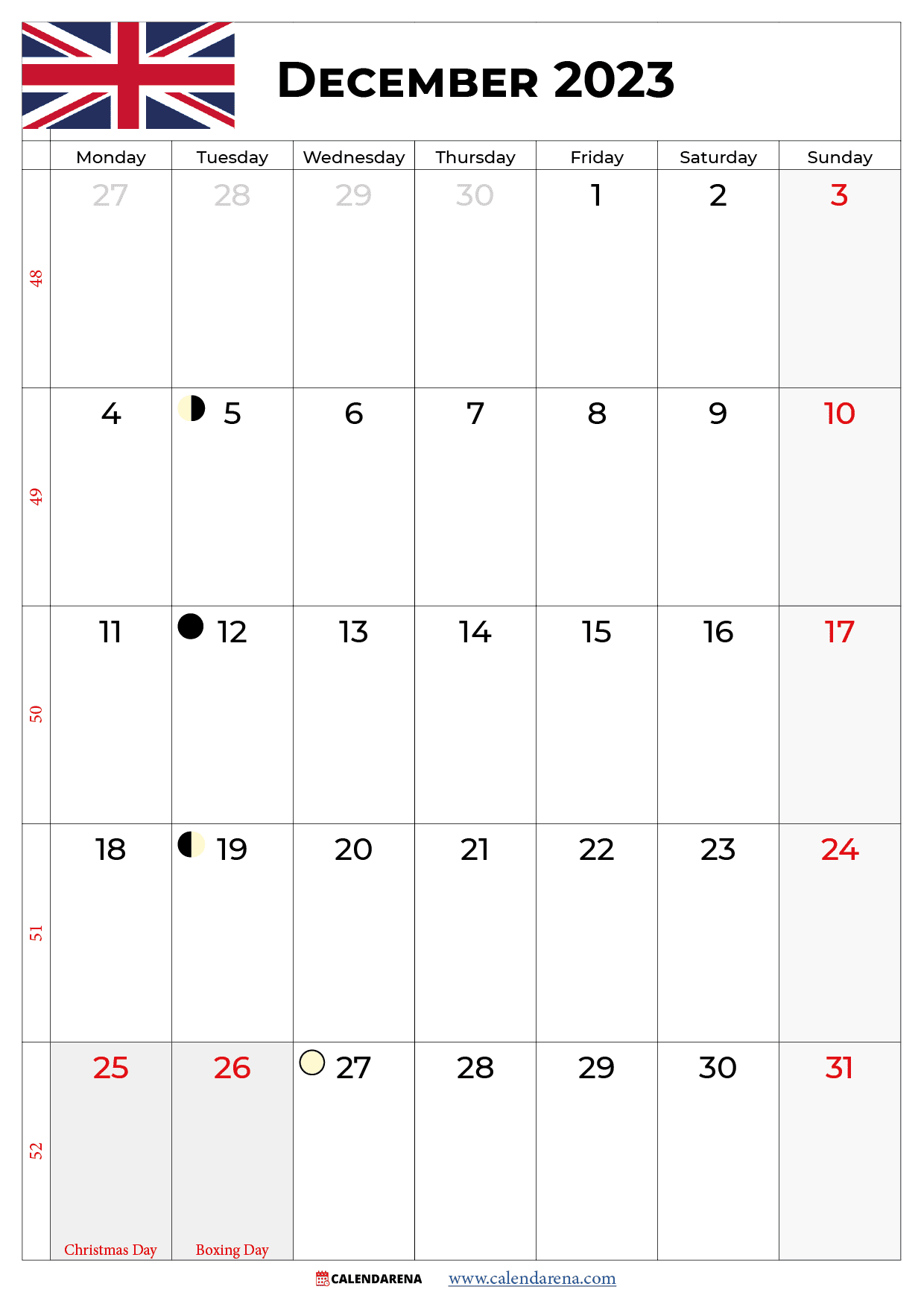 calendar december 2023 UK