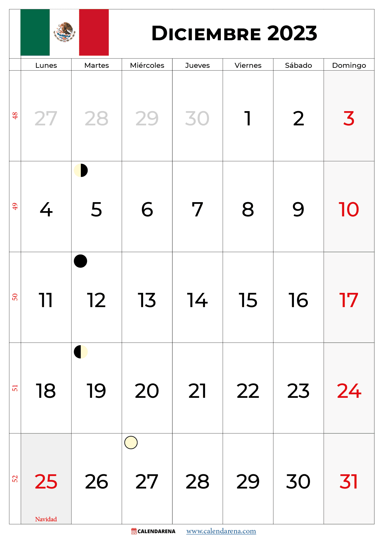 calendario 2023 Diciembre mexico