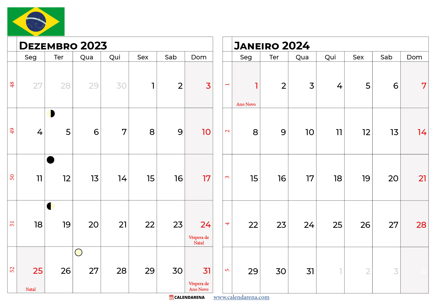 calendário Dezembro 2023 Janeiro 2024 brasil