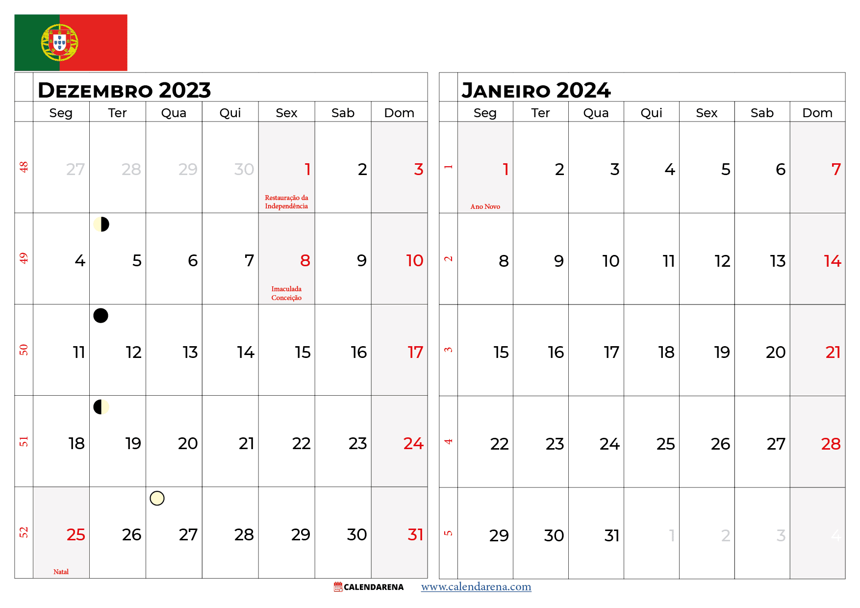 calendário Dezembro 2023 Janeiro 2024 portugal