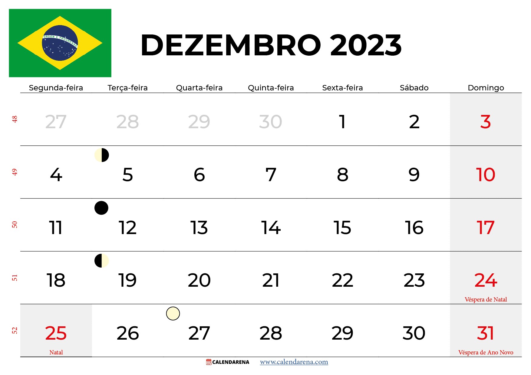calendário Dezembro 2023 brasil