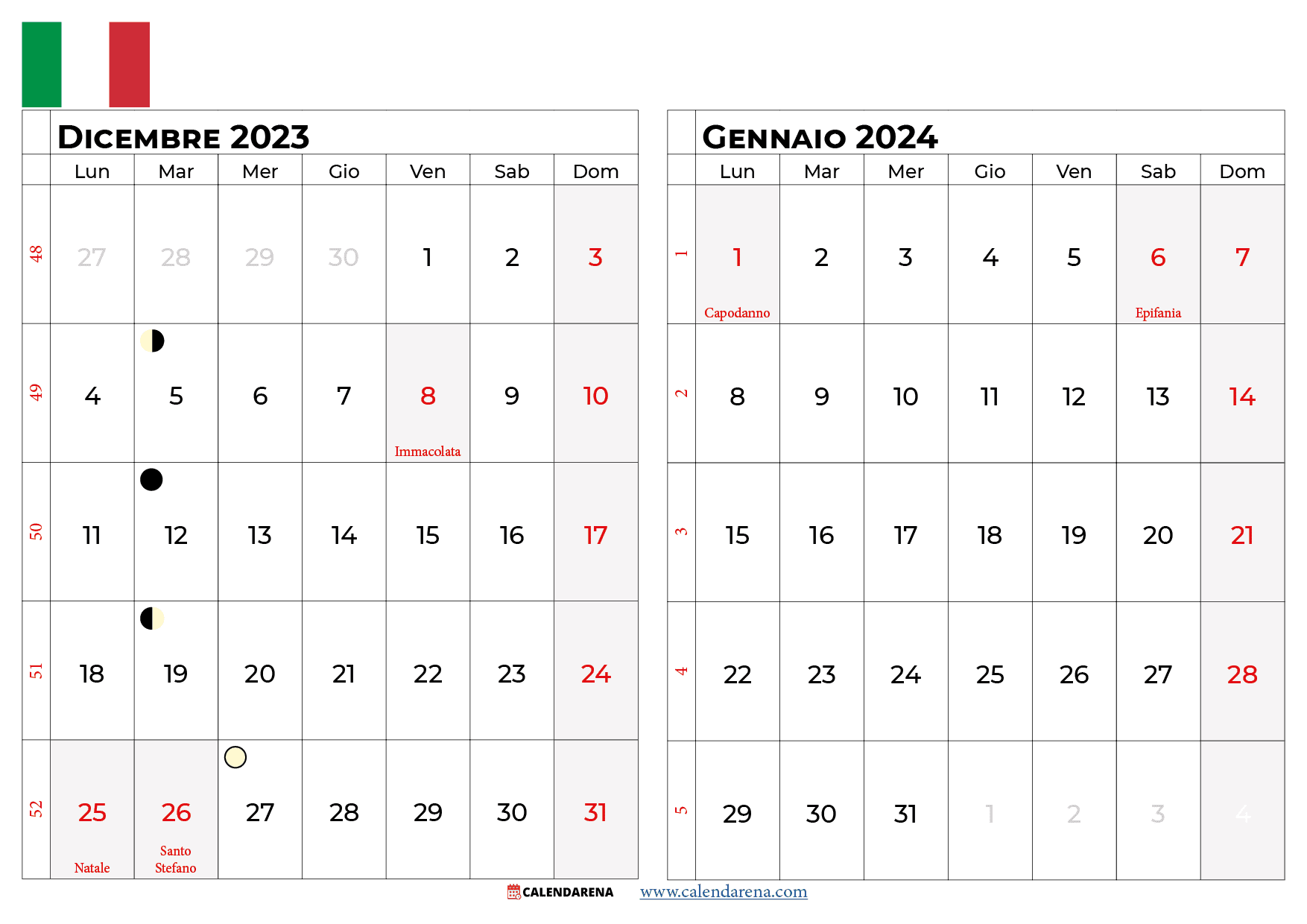 calendario Dicembre 2023 Gennaio 2024