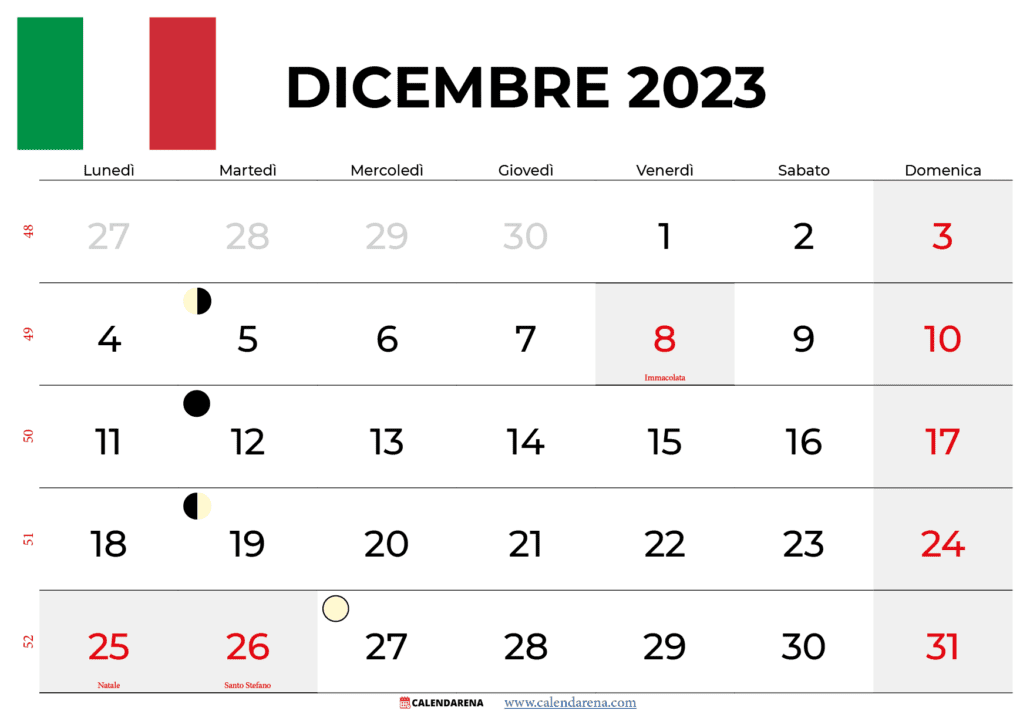 calendario Dicembre 2023 italia
