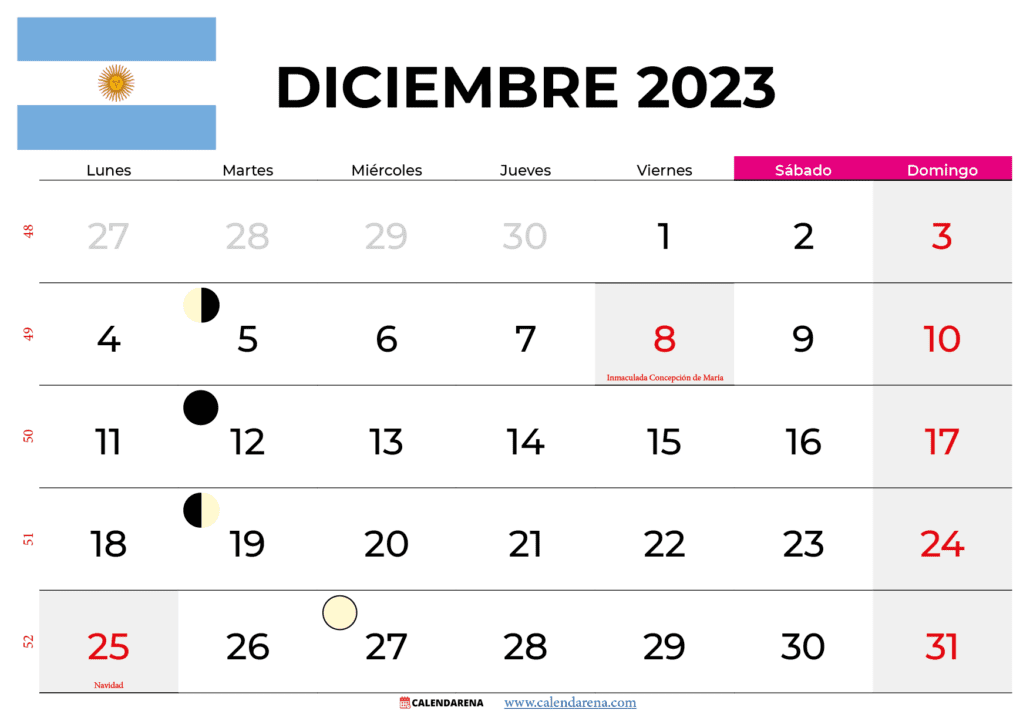 calendario Diciembre 2023 argentina