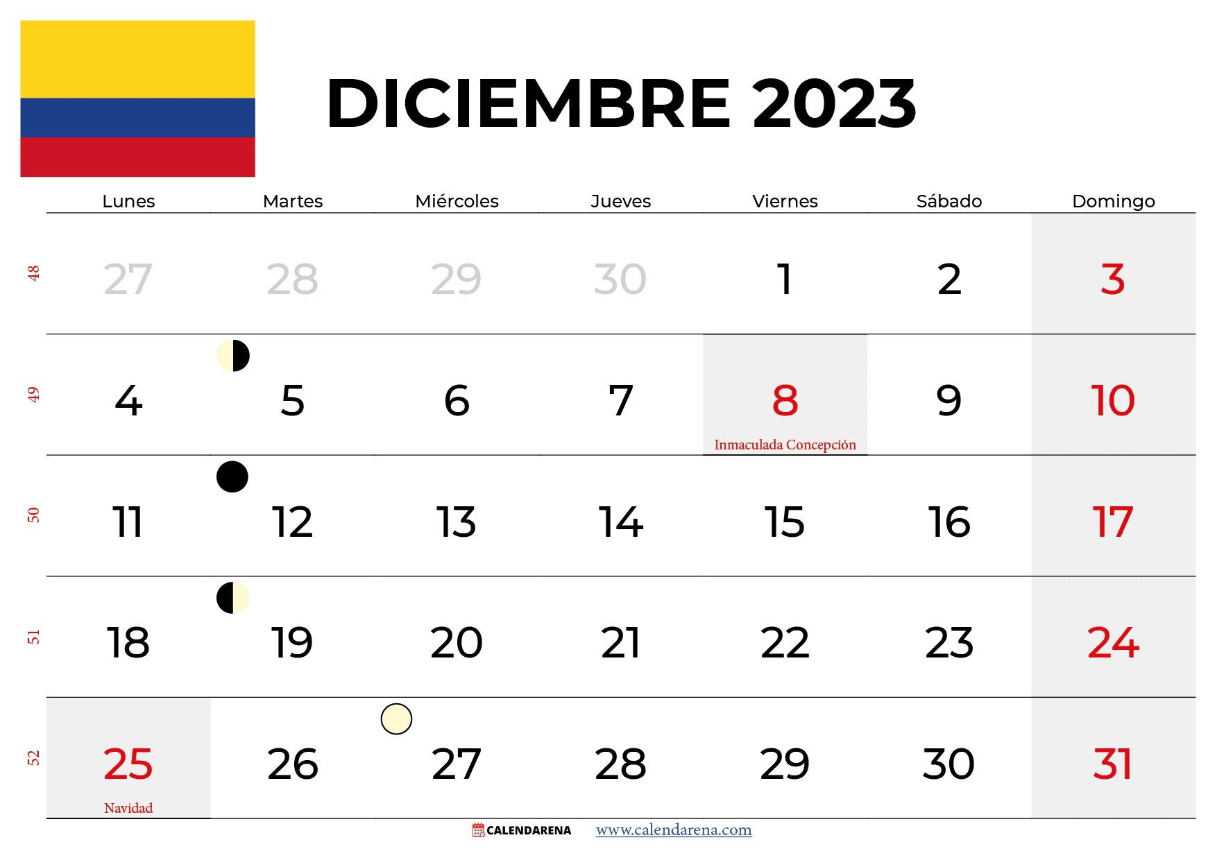 calendario Diciembre 2023 colombia