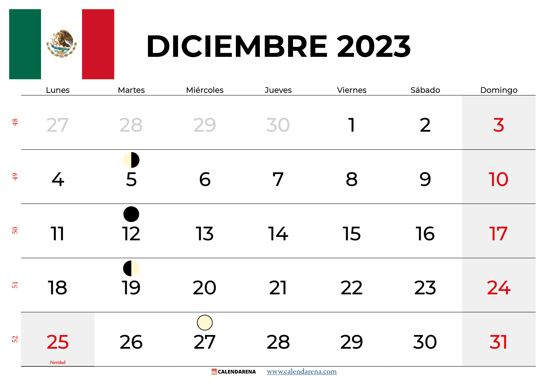 calendario Diciembre 2023 mexico