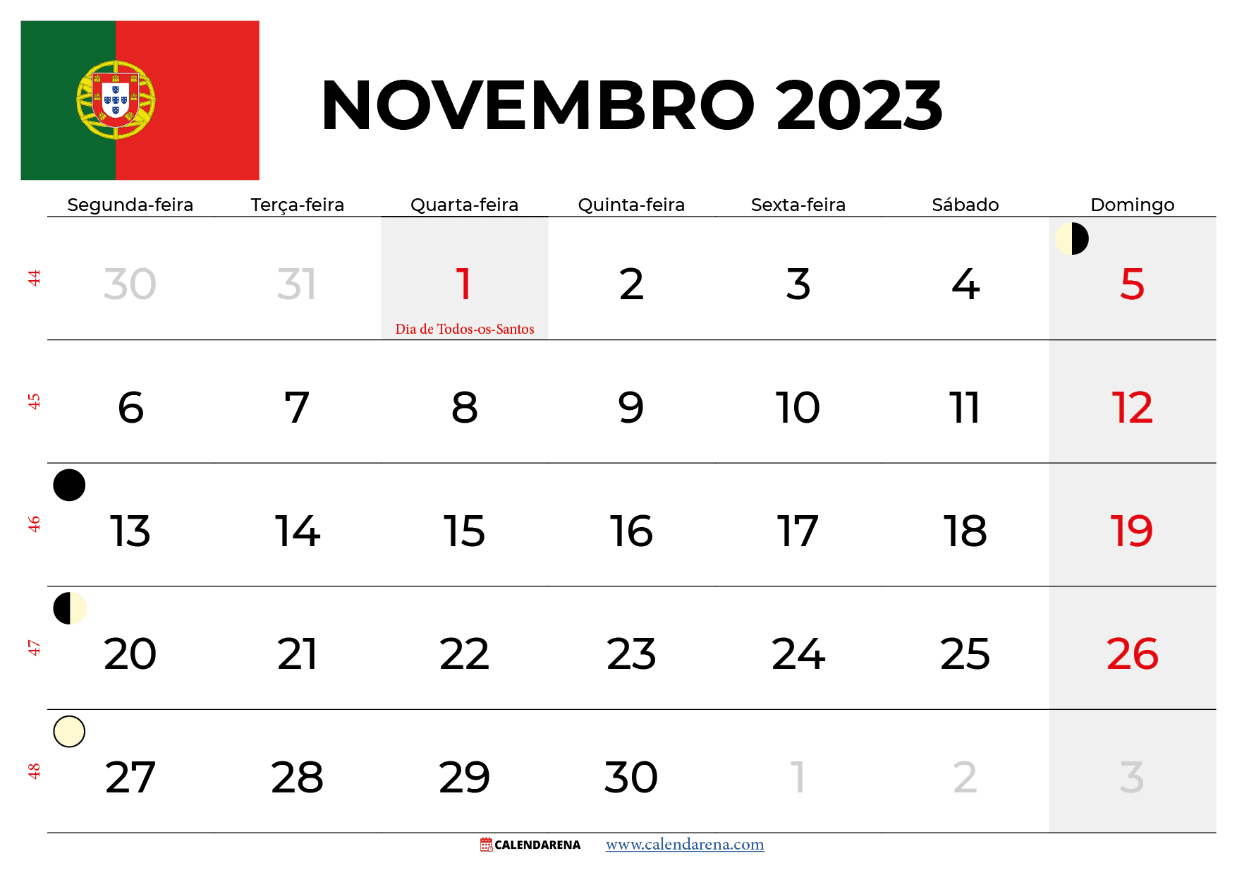 Calendario Novembro 2023 imprimir portugal