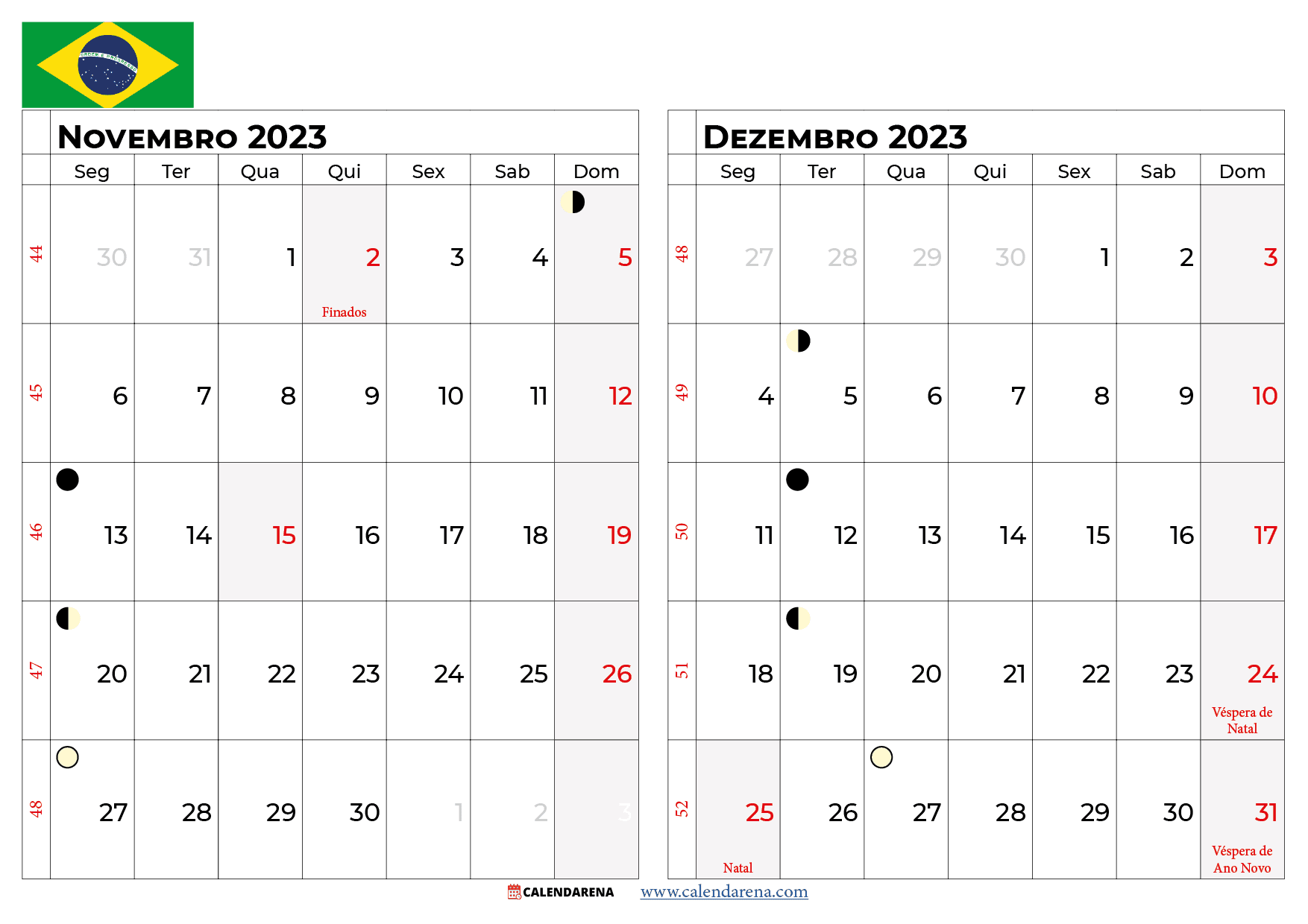 calendário novembro e Dezembro 2023 brasil