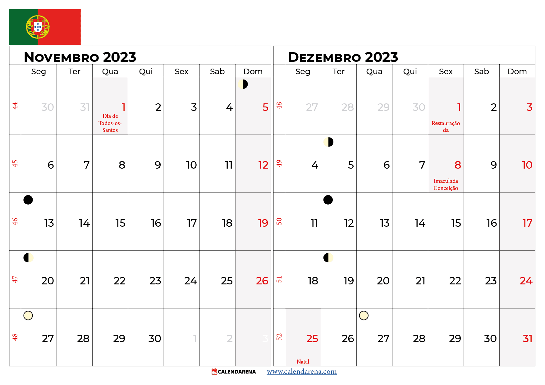 calendário novembro e Dezembro 2023 portugal