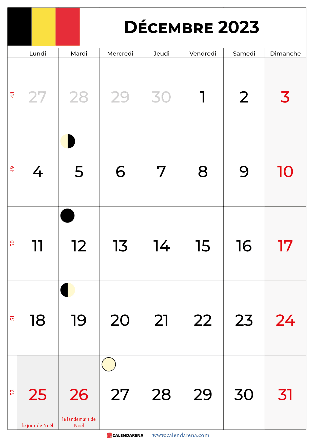 calendrier décembre 2023 avec jours fériés belgique