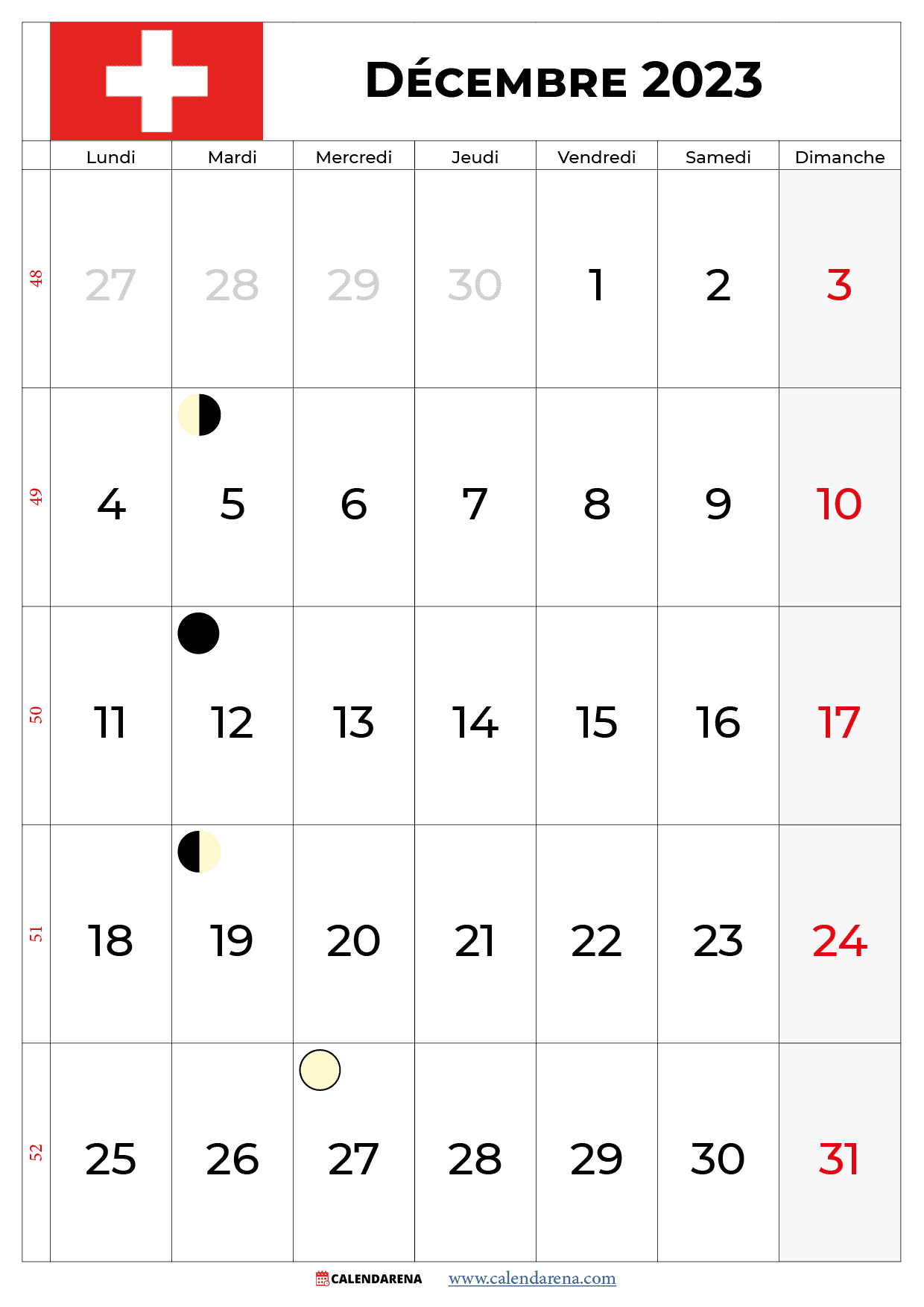 calendrier décembre 2023 avec jours fériés suisse