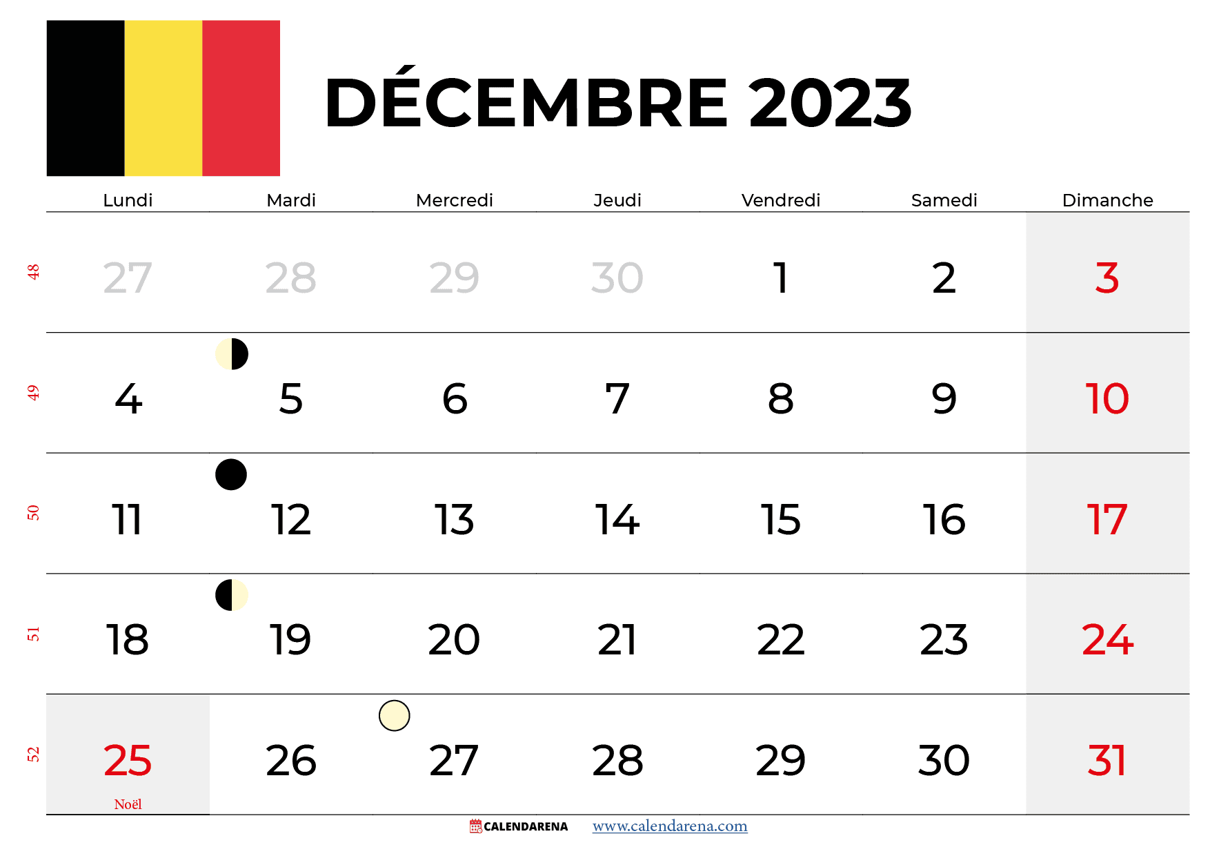 calendrier décembre 2023 belgique