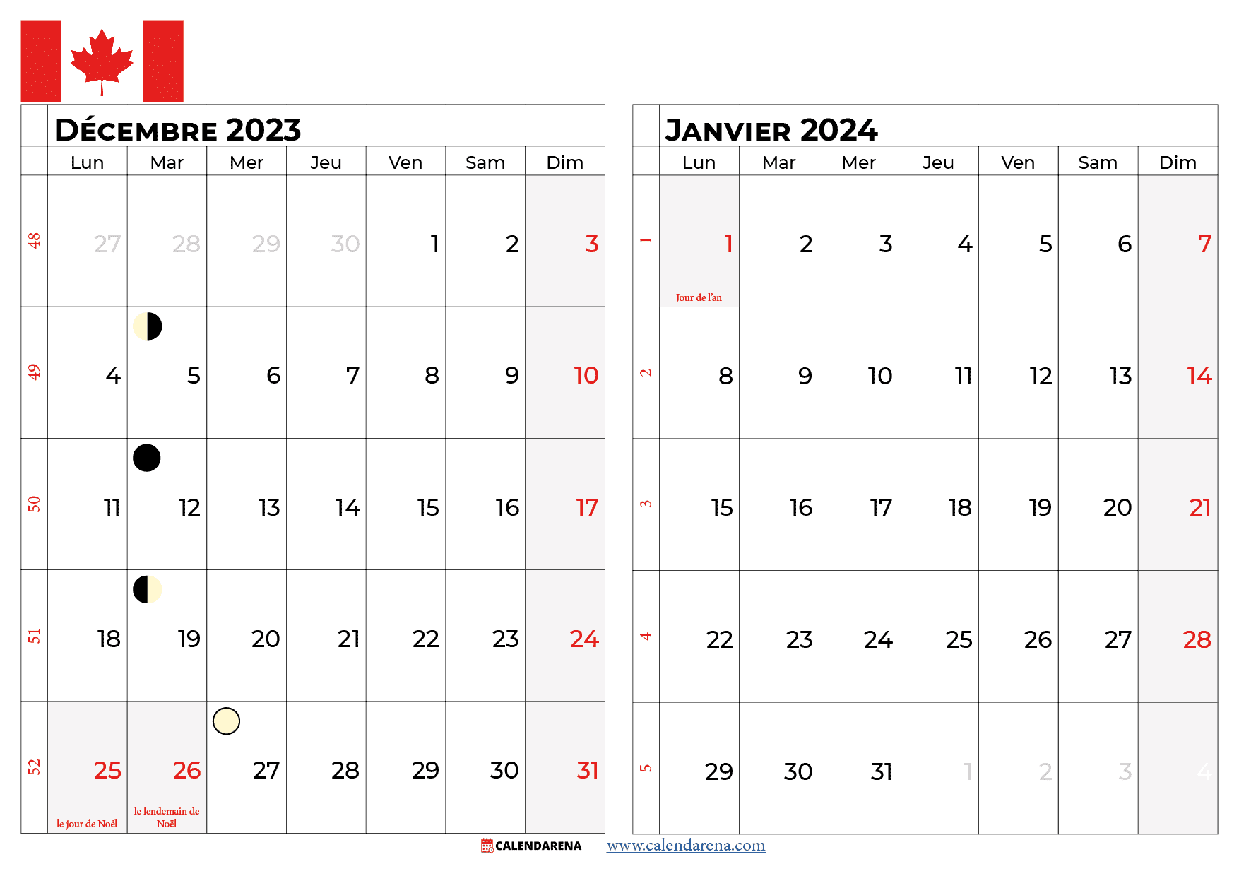 calendrier décembre 2023 janvier 2024 québec
