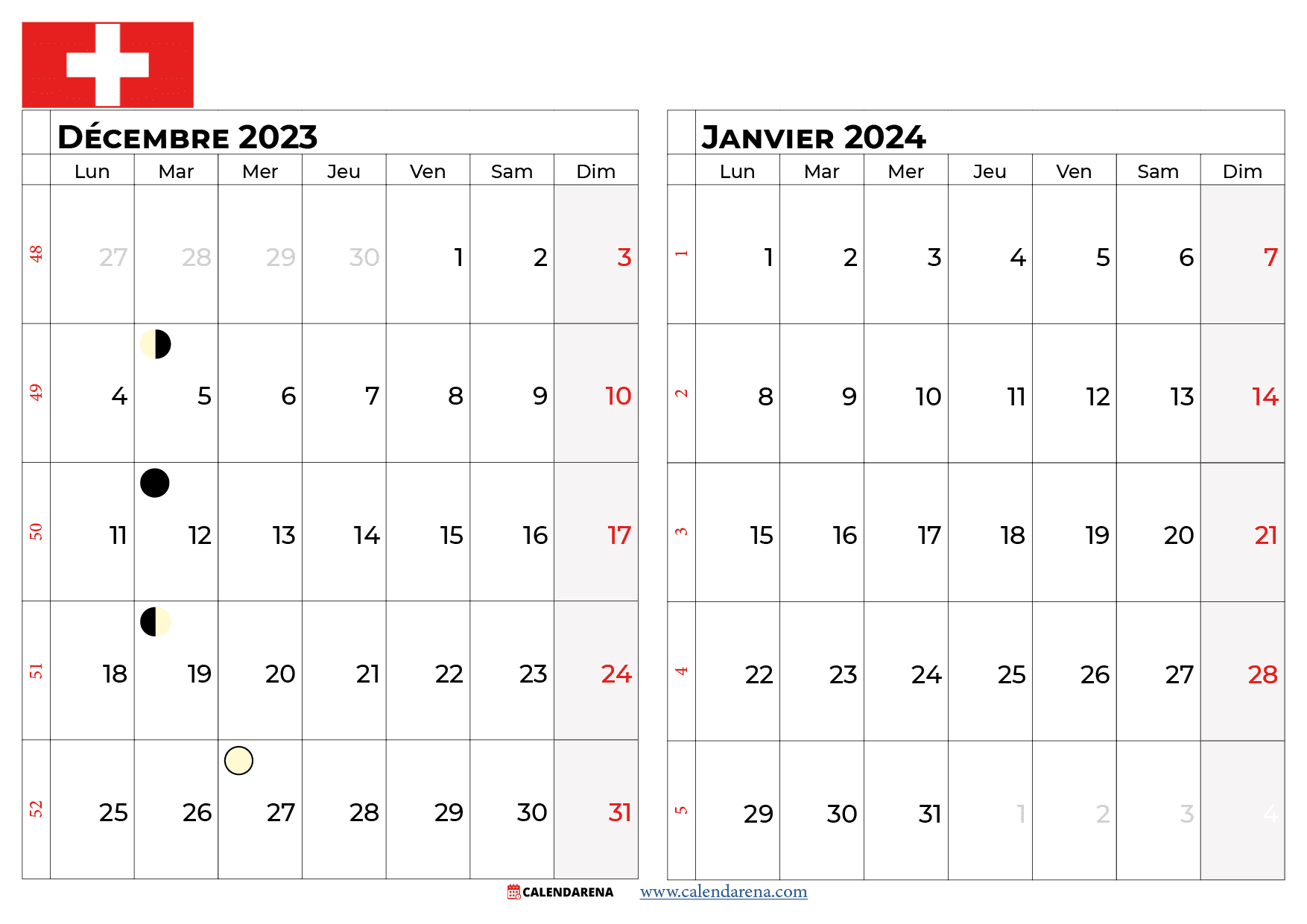 calendrier décembre 2023 janvier 2024 suisse