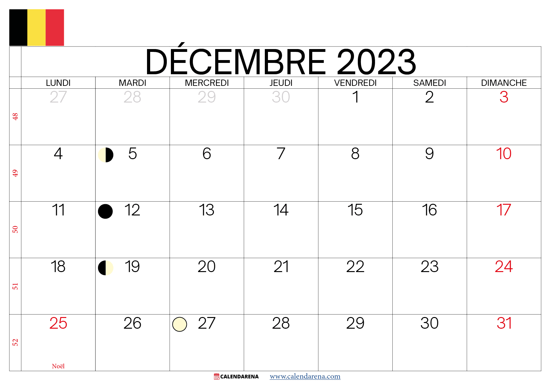 calendrier décembre 2023 jours fériés belgique