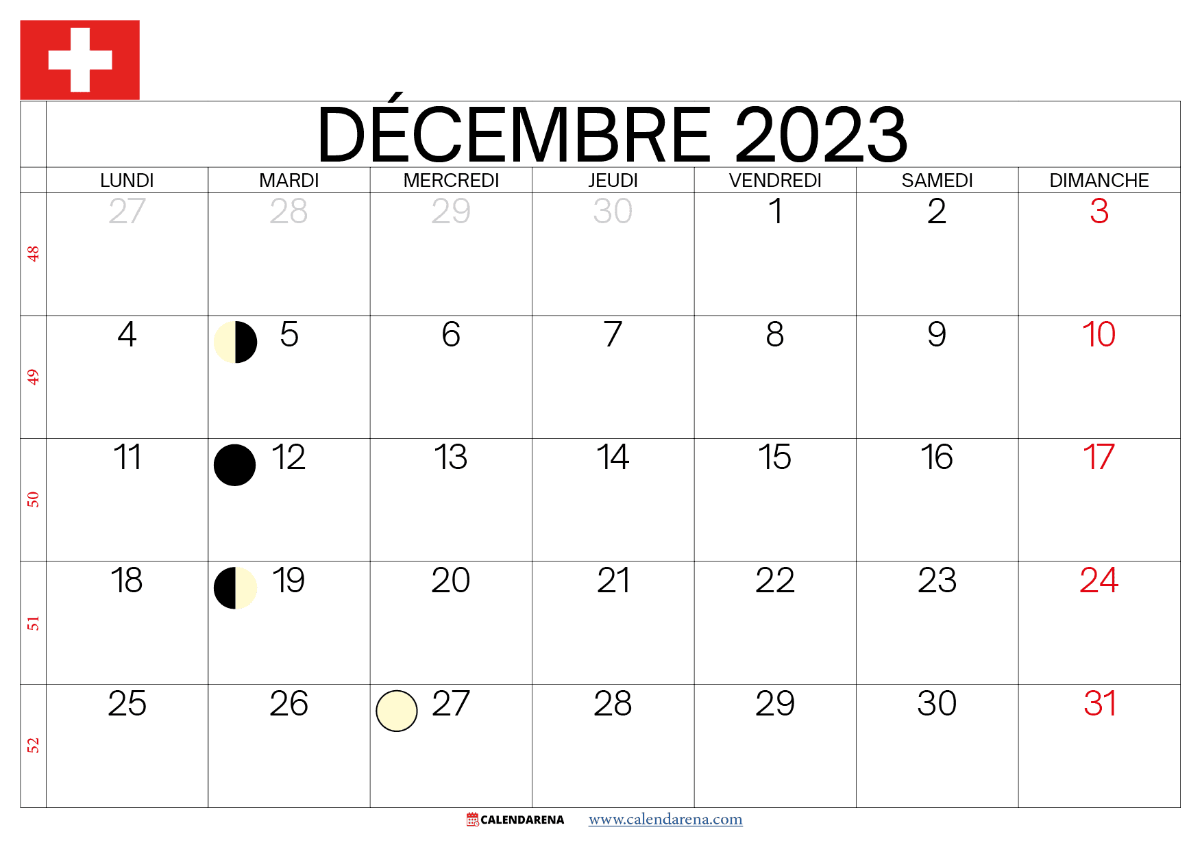 calendrier décembre 2023 jours fériés suisse