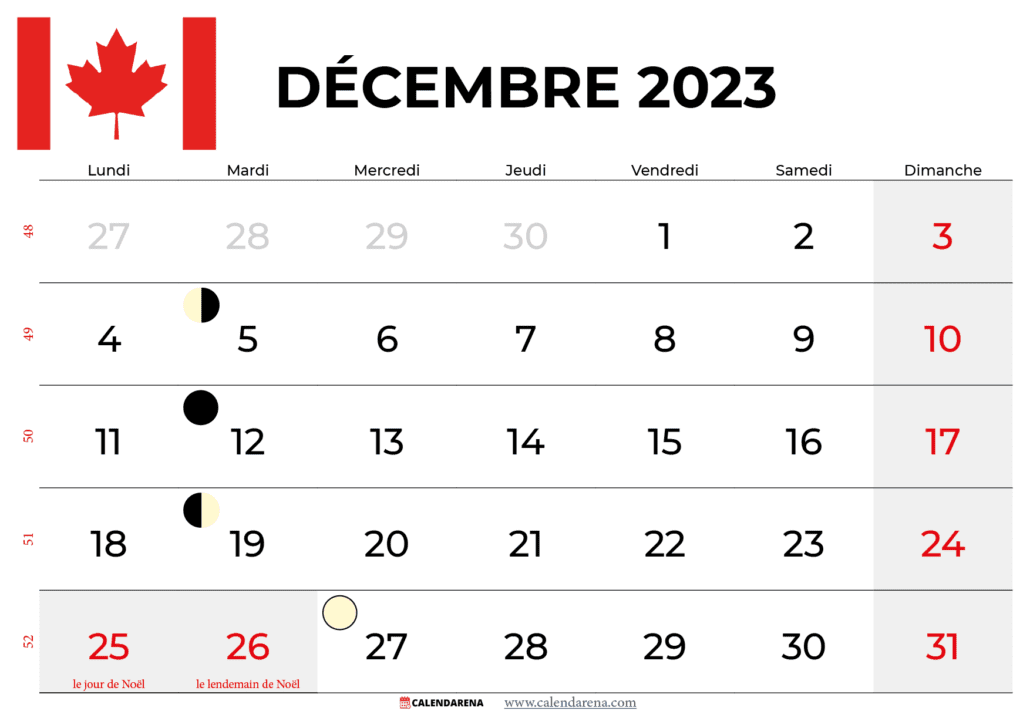 calendrier décembre 2023 québec