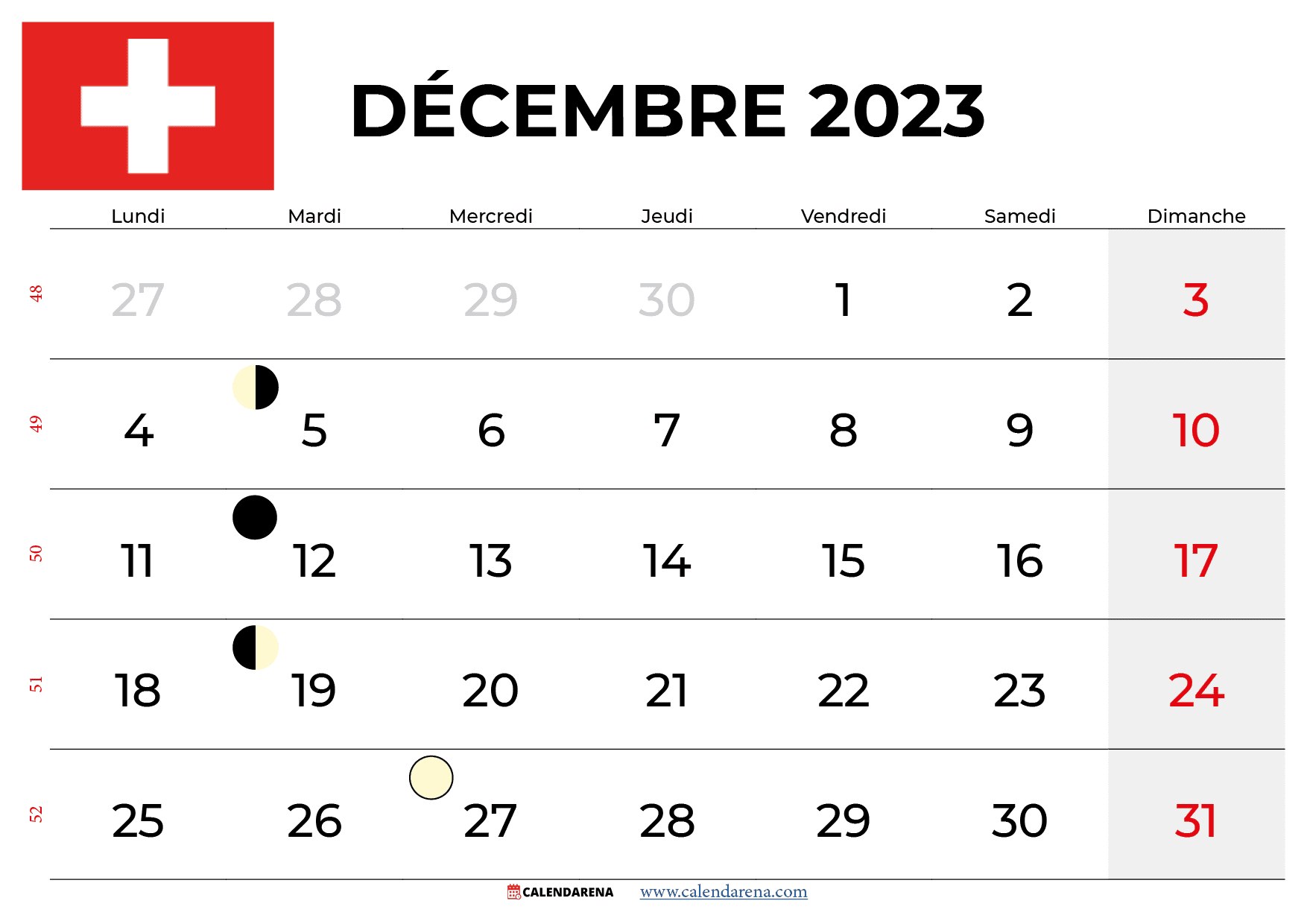 calendrier décembre 2023 suisse