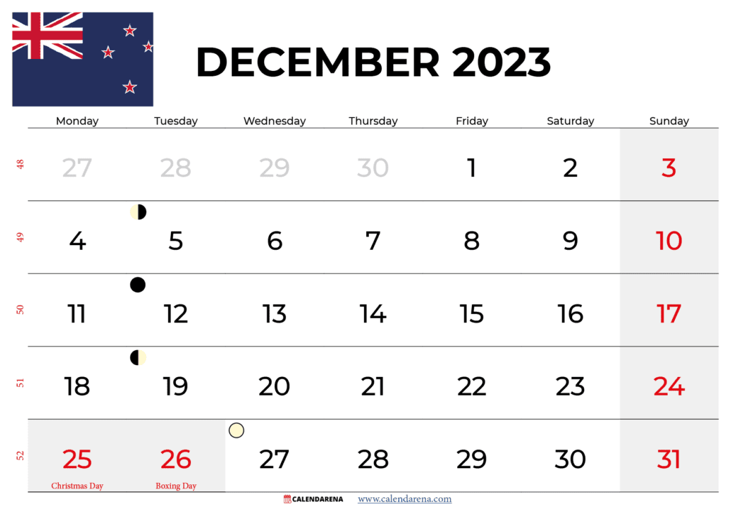 december 2023 calendar New zealand