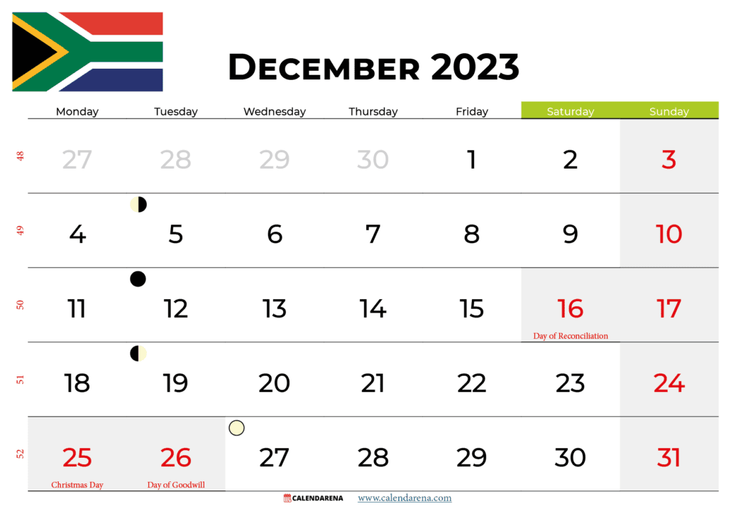 Free December 2023 Calendar South Africa With Holidays