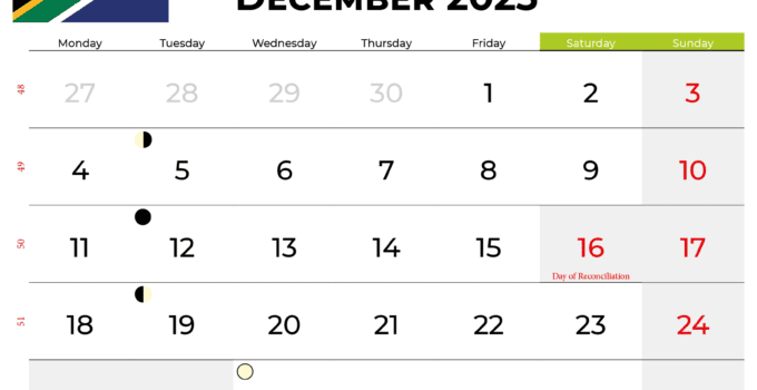 december 2023 calendar South Africa