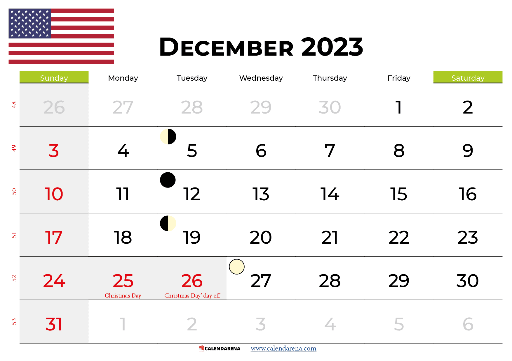 december 2023 calendar USA