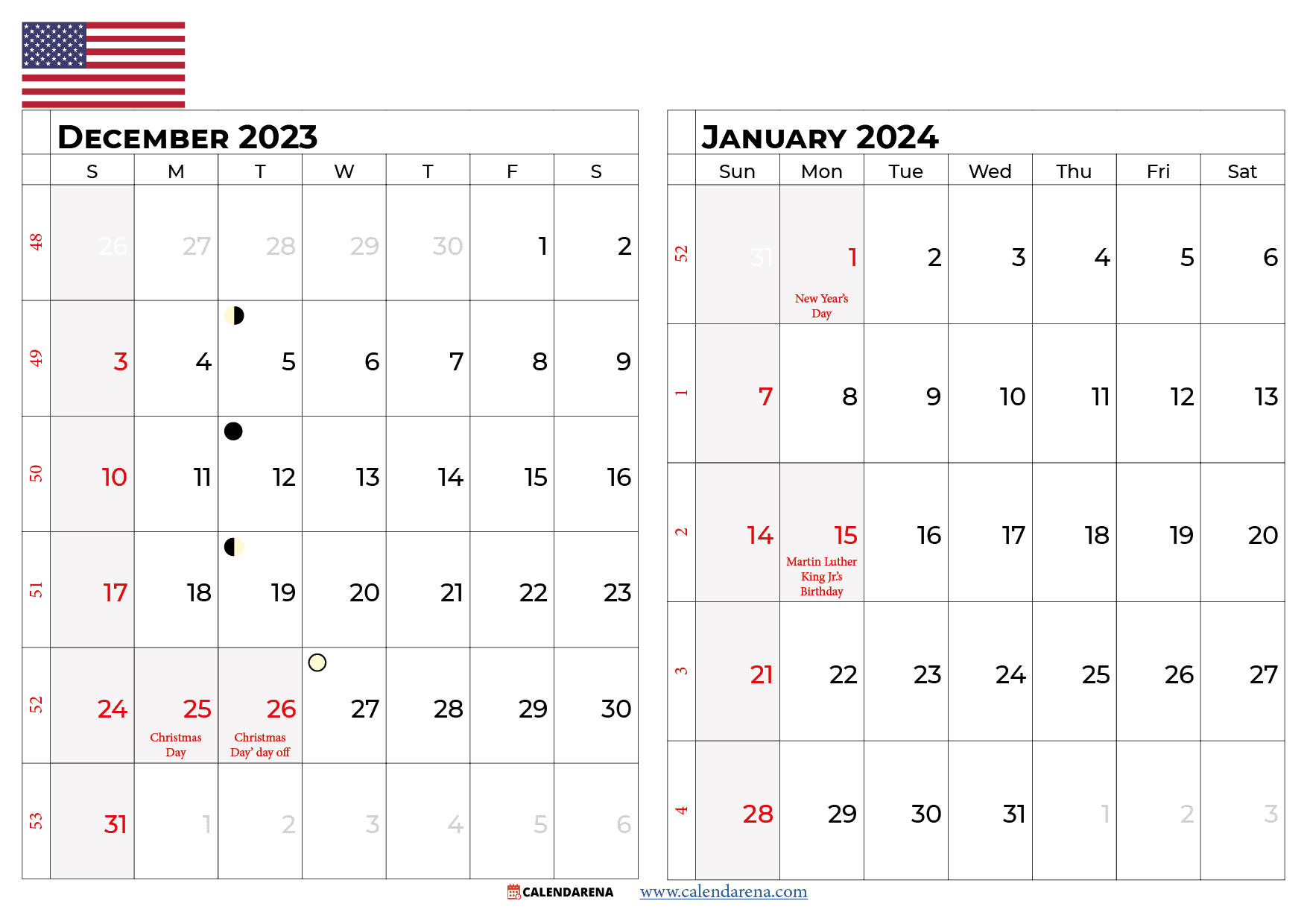 december 2023 janaury 2024 calendar usa