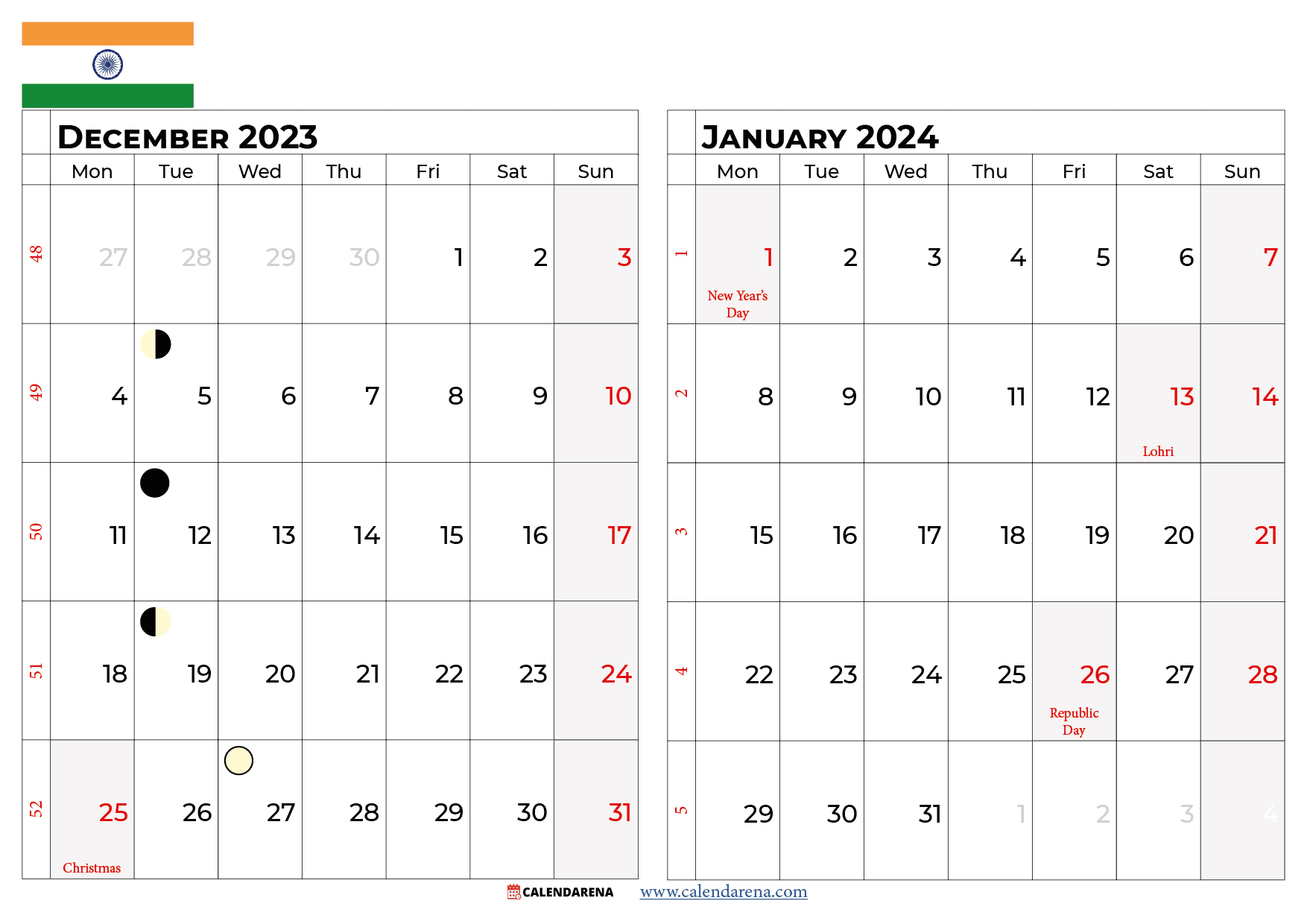 december 2023 january 2024 calendar INDIA