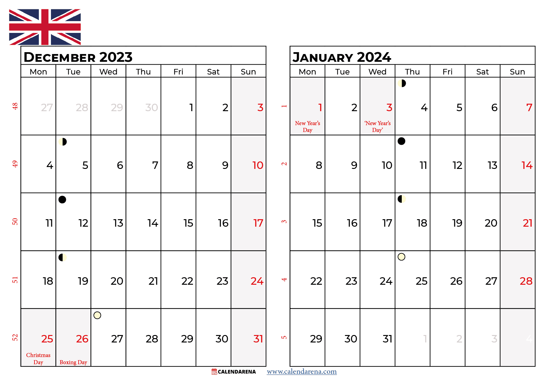 december 2023 january 2024 calendar UK