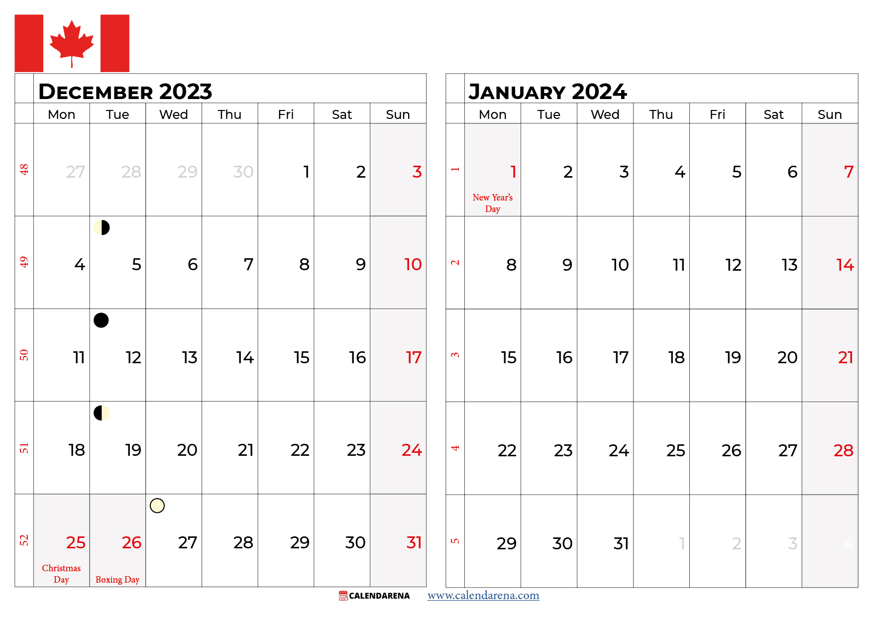 december 2023 january 2024 calendar canada