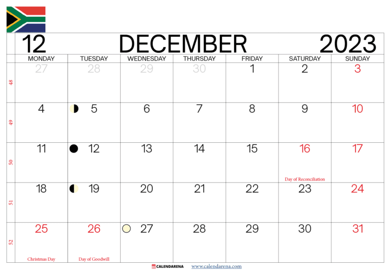 Free December Calendar South Africa With Holidays