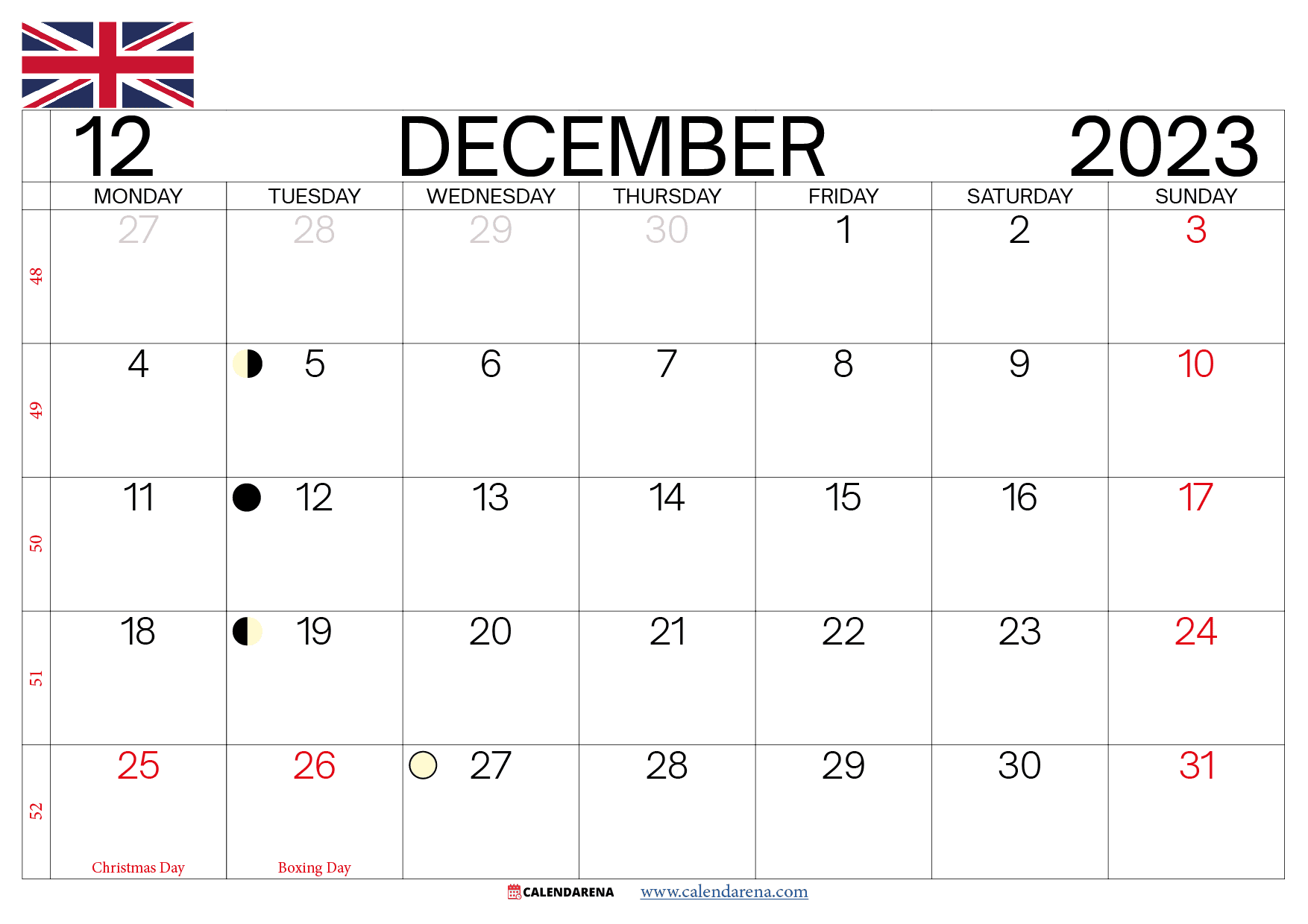 december calendar 2023 UK