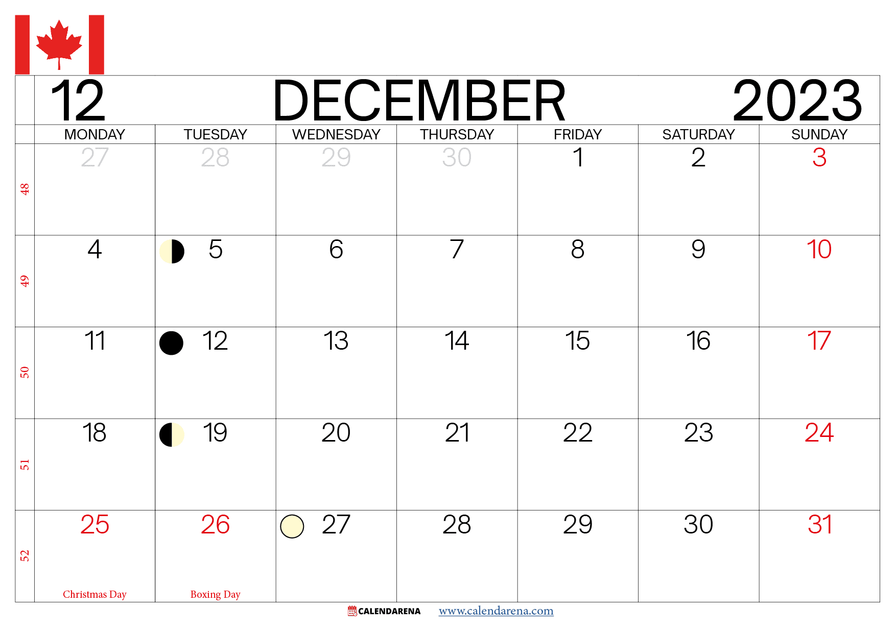 december calendar 2023 canada