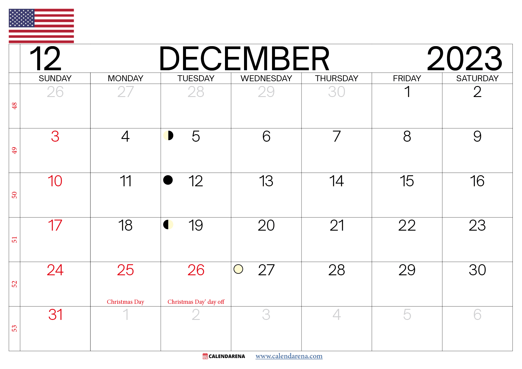 december calendar 2023 usa