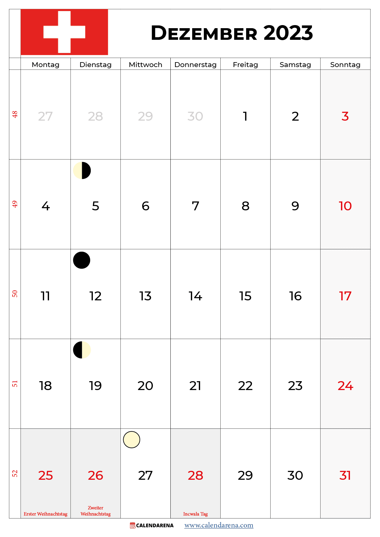 kalender dezember 2023 zum ausdrucken Schweiz