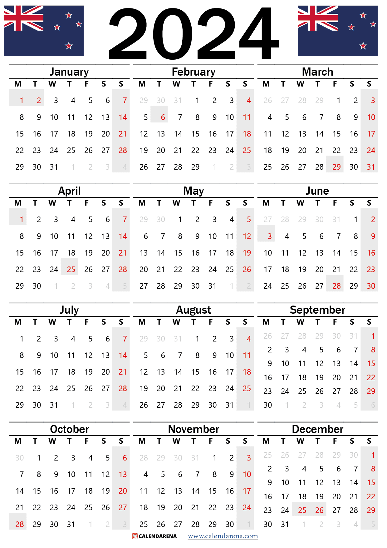 2024 calendar with holidays NZ