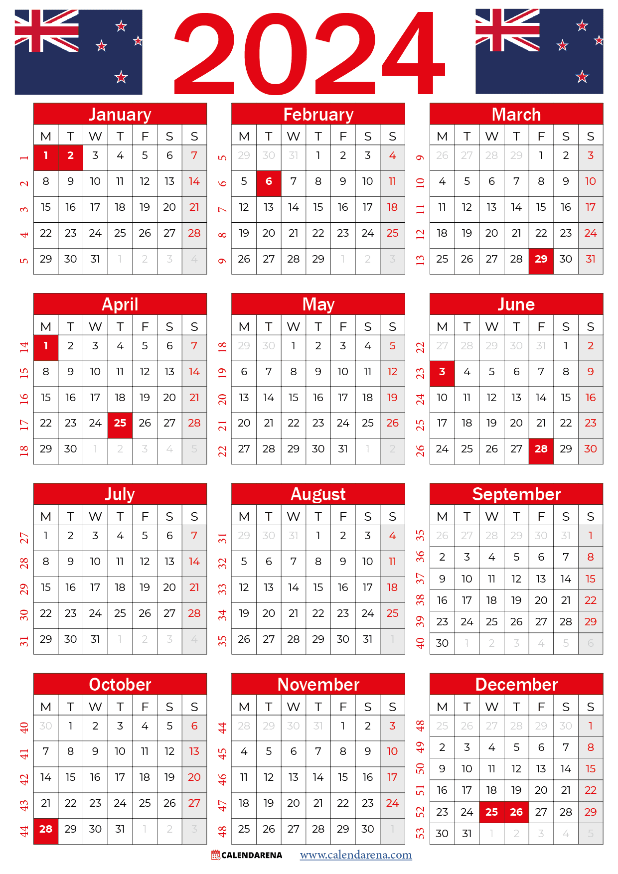2024 calendar with holidays red NZ